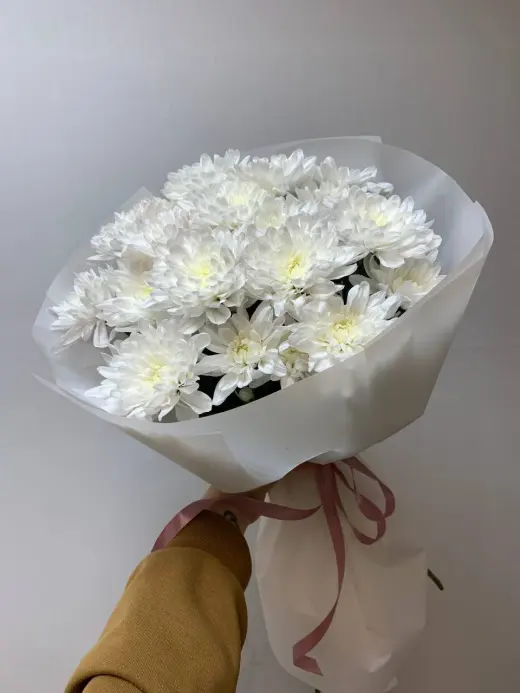 Моно-букет из пяти белых хризантем