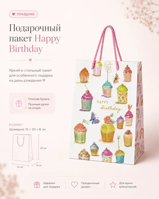 Подарочный пакет Happy Birthday с кексами